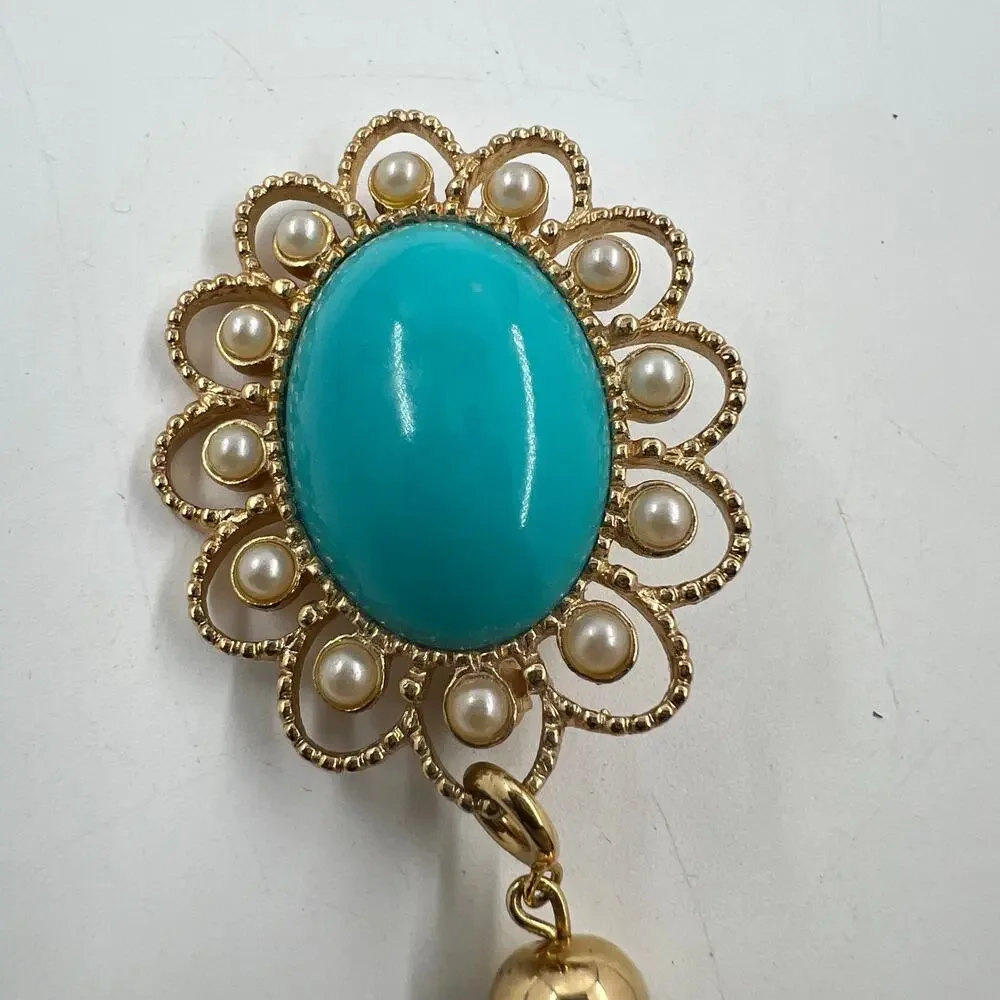 Sarah Coventry Magic Moods Faux Turquoise Brooch Gold Tone Chain Tassel 1973